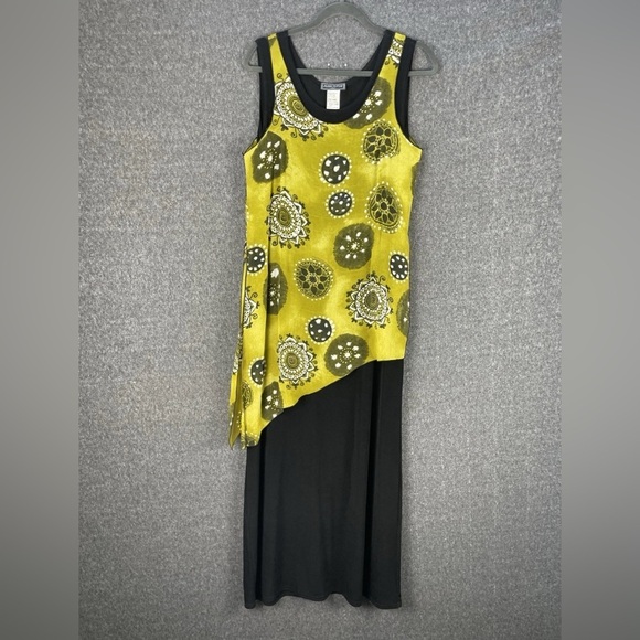 Artsy Boho Abstract Print Dress Black Layered Asymmetrical Midi Vintage XL - Picture 2 of 13